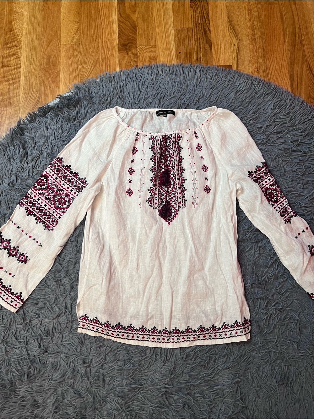 Etnodim Embroidered Linen White Peasant Vyshyvanka Blouse Size M